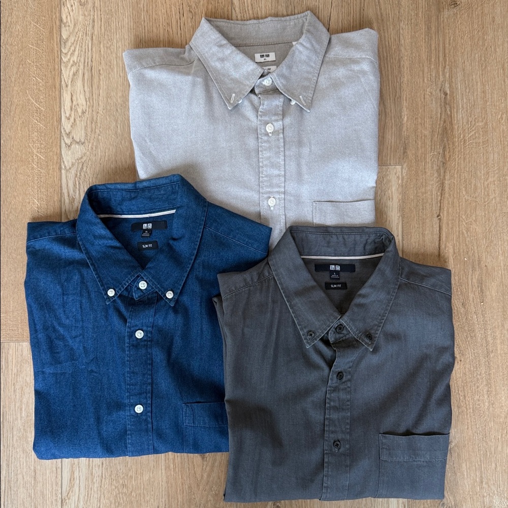 Men's Uniqlo Slim fit XL Shirt Set - Blue, Gray, and Light Gray lot of 3!